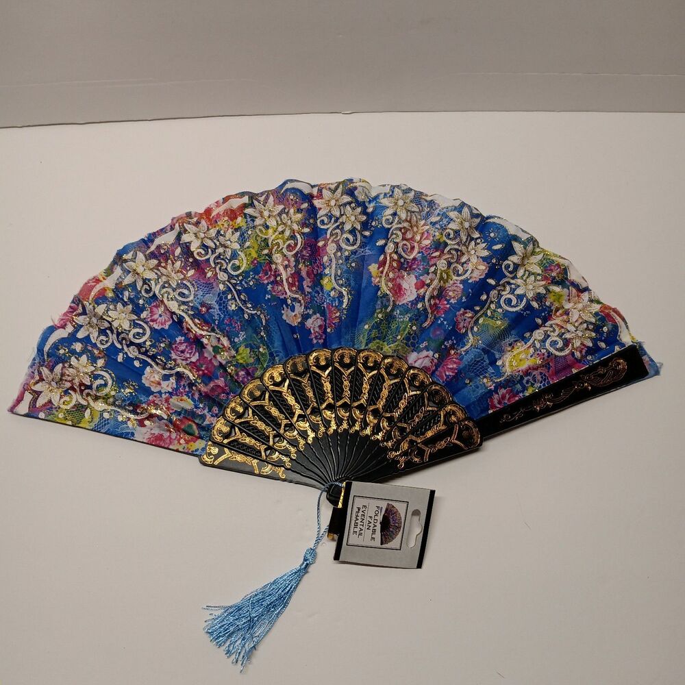 Handheld Foldable Accordion Fan Dark Blue Tassel Floral Fabric Glitter Accents